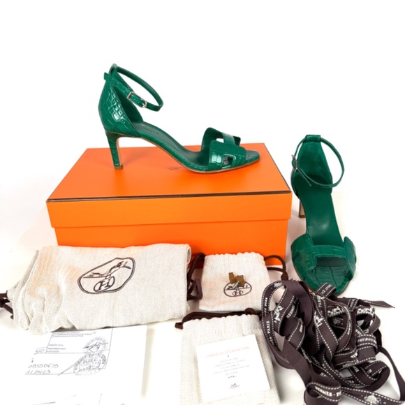 HERMES Joy 70 Special Order Green Shiny Mississippiensis Alligator Sandals 37 - Picture 2 of 13